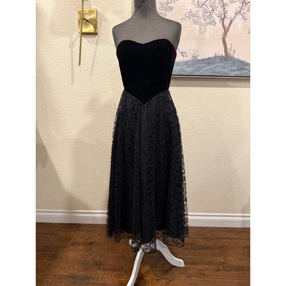 Vintage Jody California Black Velvet Lace Strapless Dress 80s/90s Party Prom 5/6